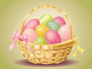 wicker basket with colorful Easter eggs on a green background, close-up