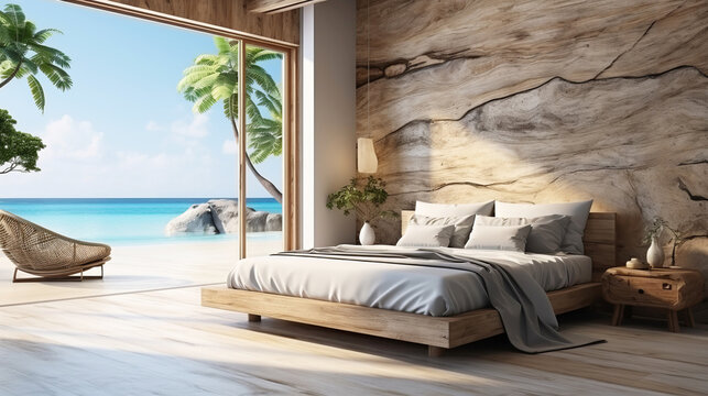 Luxury Hotel Modern interior bedroom with large windows. Summer scene ocean side. Summer, travel, vacation, dreams holiday, resort