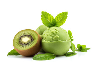 a ball of green pistachio ice cream with mint and kiwi isolated on white background