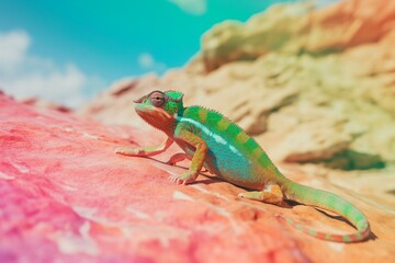 bright chameleon close-up on a rainbow background, bright and contrasting
