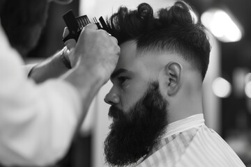 Barber cutting a handsome dark-haired man. Black and white