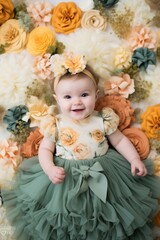 Happy baby in floral dress smiles, lying on bed of flowers