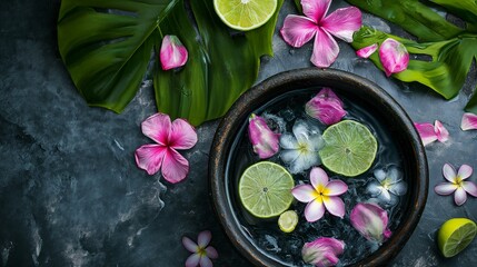 Obraz na płótnie Canvas bowl with lime and tropical flowers, spa concept