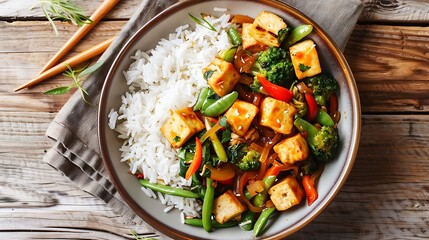 Thai pad pak stir-fried mixed vegetables with tofu in a garlic sauce, served with steamed jasmine rice - obrazy, fototapety, plakaty