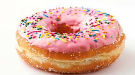 Pink donut against white background.