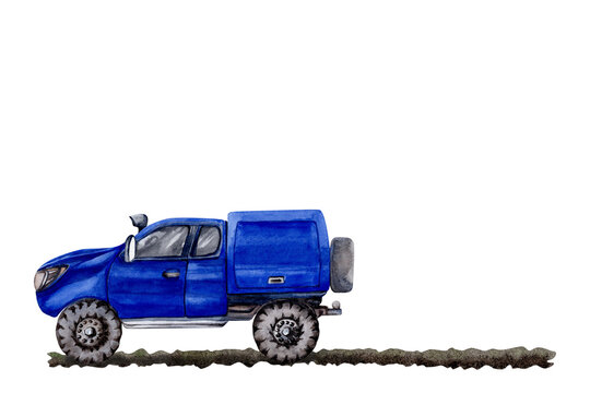 recommend clip art: Side view blue car with tyre tracks. Card template for adventure, tourism, delivery, outdoors, 4x4 off-roading, car repair, camping designs. Watercolor illustration on transparent background