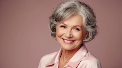 Gorgeous middle aged elderly woman in 50s with grey hair, beautiful skin and smile - 738666420