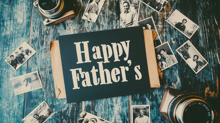 A contemporary poster with a collage of black-and-white family photographs surrounding the phrase "Happy Father's Day" in bold, modern font.