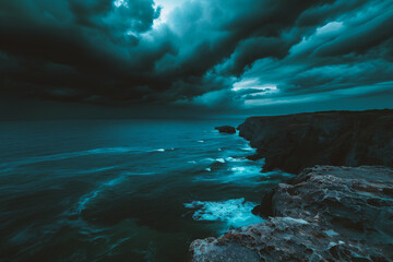 Dramatic seascape with stormy clouds. Nature composition.