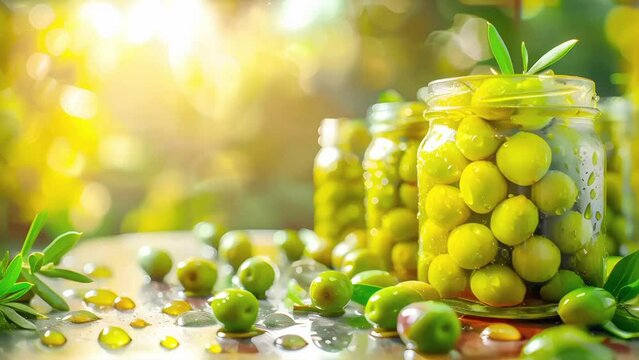Organic farm green olives. Glass jars with natural olives against blurred background of olive grove . Healthy food. Mediterranean food. Harvest of olives