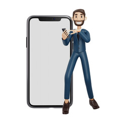 high-quality 3D illustration of a businessman character suitable for use on websites, apps, or similar purposes. The illustration features a handsome man in a dark blue suit.