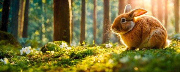 Rabbit on green grass with blurred green background in forest. Easter greeting card with copy space for text.