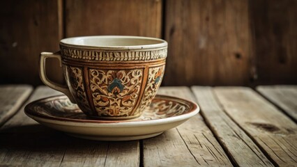 Coffee cup and saucer on wooden background. Vintage style