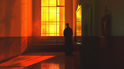 Confession Reflection: Catholic Church. Individual in Confessional Booth with Priest. Penitent Vibes during Confession. Personal Scene during Reconciliation - obrazy, fototapety, plakaty