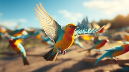 a group of colorful birds are flying in formation UHD WALLPAPER