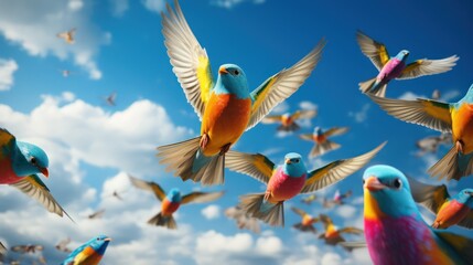 a group of colorful birds are flying in formation UHD WALLPAPER - obrazy, fototapety, plakaty