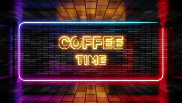Neon sign coffee time in speech bubble frame on brick wall background 3d render. Light banner on wall background. Coffee time loop lunch break, design template, neon signboard