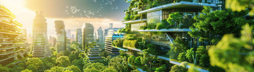 Eco friendly cityscape demonstrating architectural innovation with green roofs solar energy infrastructure and ecological living systems - obrazy, fototapety, plakaty