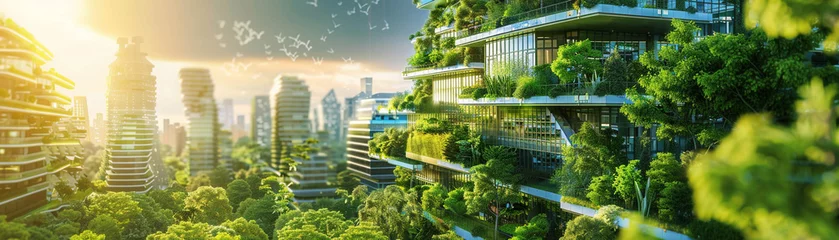 Foto op Aluminium Eco friendly cityscape demonstrating architectural innovation with green roofs solar energy infrastructure and ecological living systems © 1st footage