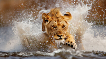 Portrait of a young male lion in action. Animals.