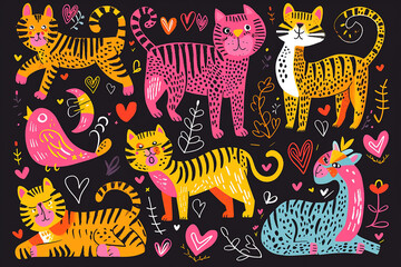 Obraz premium Big vector set with animals in cartoon style with mammals. Cute animals collection: farm animals, wild animals, marina animals isolated on black background. Cute sticker colorful illustration design