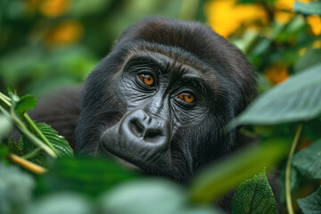Mountain gorilla among green tropical plants.
