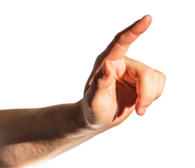 Human hand with a pointing gesture, high detail and clarity, isolated on white. Interaction concept