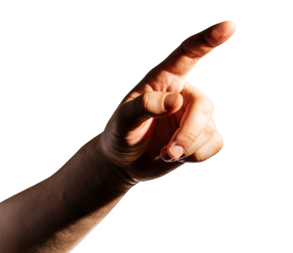 Close up of a human hand pointing or pressing, isolated on white background. Interaction concept