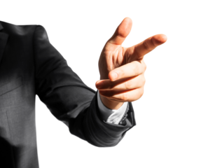 Business hand pointing forward, gesture of interaction, isolated on white. Direction concept