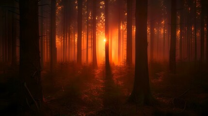 Mystical sunrise forest scene, dreamy woodland landscape, ethereal nature beauty. AI