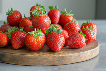 Strawberries lie on a wooden board.