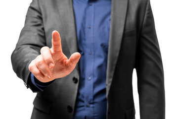 Close up of a man's hand touching an invisible screen, suit and blue shirt. Interaction concept