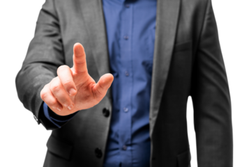 Close up of a man's hand touching an invisible screen, suit and blue shirt. Interaction concept