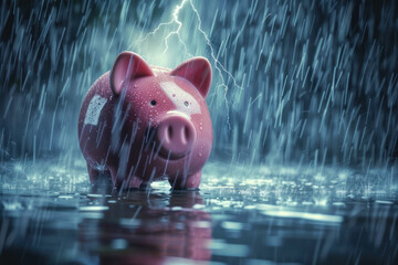 A saving piggy bank is in a rain storm with lightning. Save money for a rainy day! Concept good for IRA funds, debt, retirement, savings bank account, pension, and other money and currency images