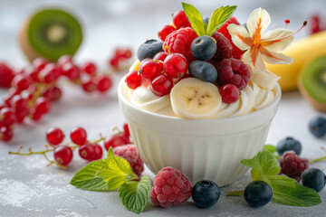 Yogurt with fruits - blueberries, red currants, raspberries, kiwi, banana, physalis