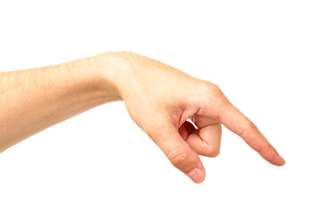 Sideways hand gesture simulating picking something, isolated on white background. Choice concept