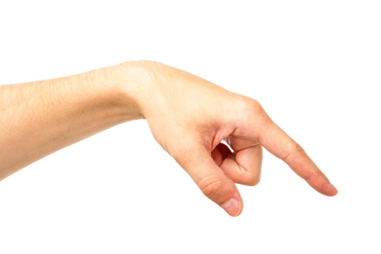 Sideways hand gesture simulating picking something, isolated on white background. Choice concept