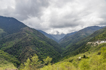Obraz premium High mountains slopes covered in thick virgin forest and shrouded in cloud near the small village of senge near tawang in western arunachal pradesh, India.