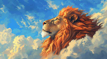 Profile of a proud lion with a fiery mane.