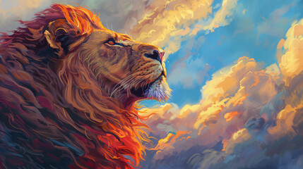 Profile of a proud lion with a fiery mane.