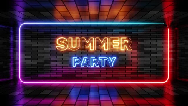 Neon sign summer party in speech bubble frame on brick wall background 3d render. Light banner on wall background. Summer party loop beach disco, design template, neon signboard