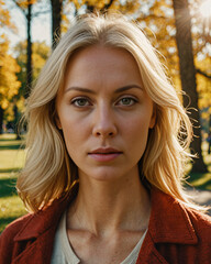 Portrait photograph of a pretty young blonde woman in the park