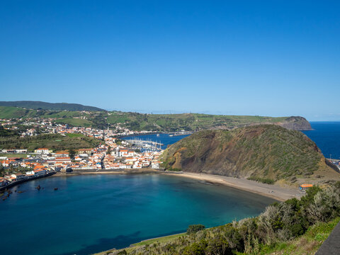 Horta city behind Monte Queimado and Porto Pim bay