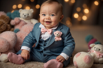 a smiling baby with a dimple on his cheek, sitting on a carpet among toys, dressed in a beautiful suit and socks
