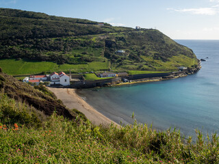 Naklejka premium Porto Pim beach and Monte da Guia seen from Monte Queimado