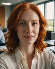 Portrait photograph of a pretty young redhead businesswoman in the office