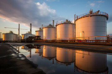 Oil refinery at sunset with reflection in water. Refinery industry.