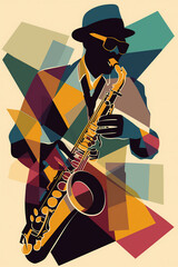 Afro-American male jazz musician saxophonist playing a saxophone in an abstract cubist style painting for a poster or flyer, stock illustration image