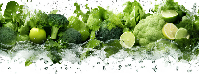 Various green vegetables and fruits are levitating in a stream of water on a white background. - obrazy, fototapety, plakaty