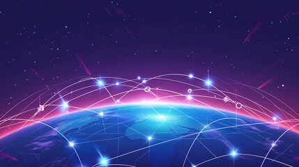 Global satellite communication showing big data being transmitted across the world while using the internet by the use of worldwide artificial intelligence, stock illustration image